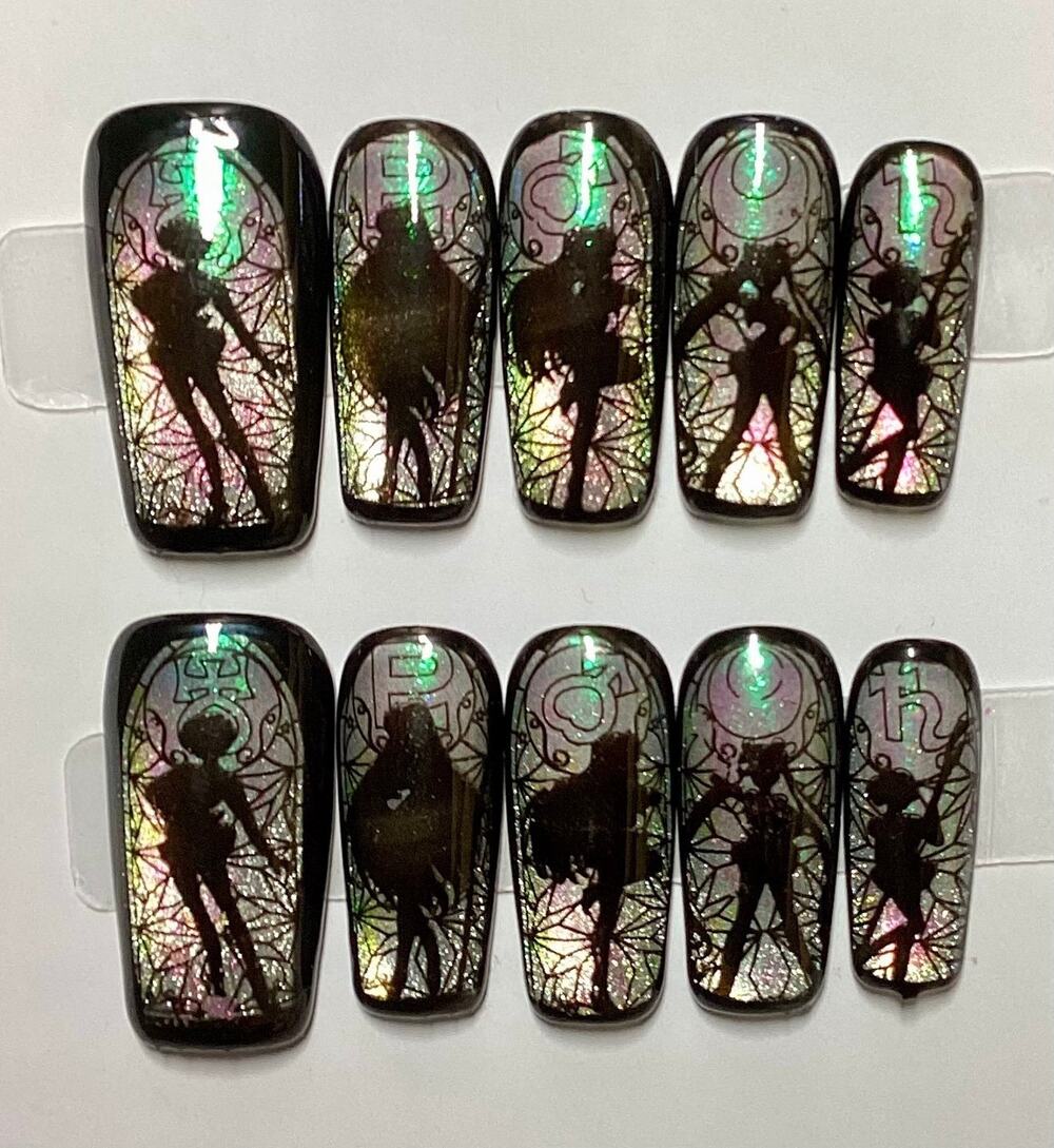 Kawaii Sailor Moon Holo Chrome Cat Eye Handmade Square Press-On Nail S M L